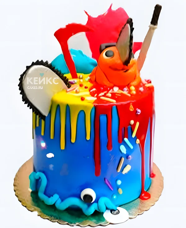 Яркий торт на день рождения Человек-бензопила Фото