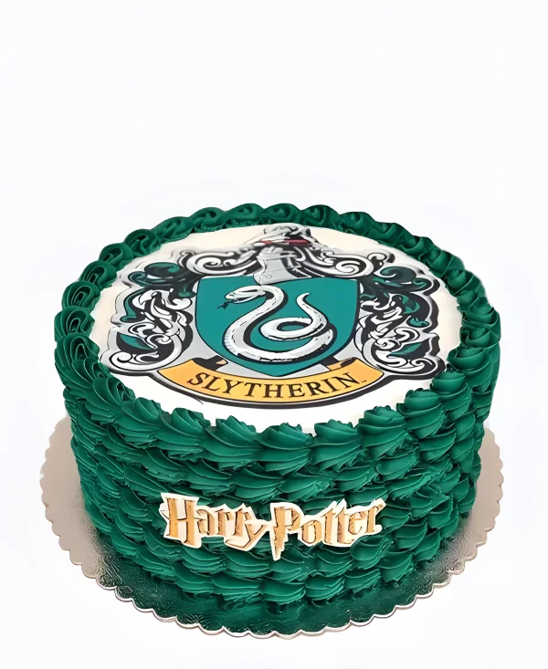Изящный зеленый тортик Гарри потер с фотопечатью факультета Фото