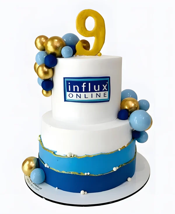 Корпоративный торт сине-голубой с шарами Фото