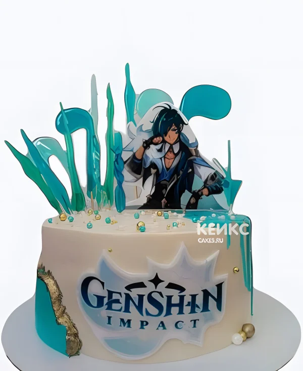 Белый торт с Геншином на день рождения Фото