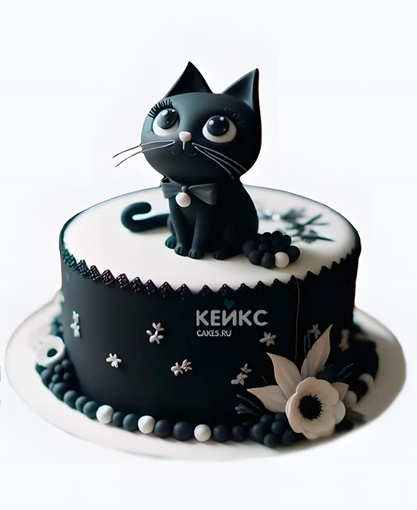 Красивый черный торт с кошечкой девочке Фото