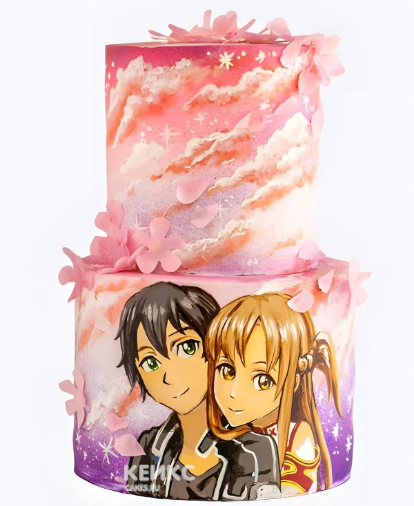 Двухъярусный торт на день рождения аниме Мастера меча онлайн Фото