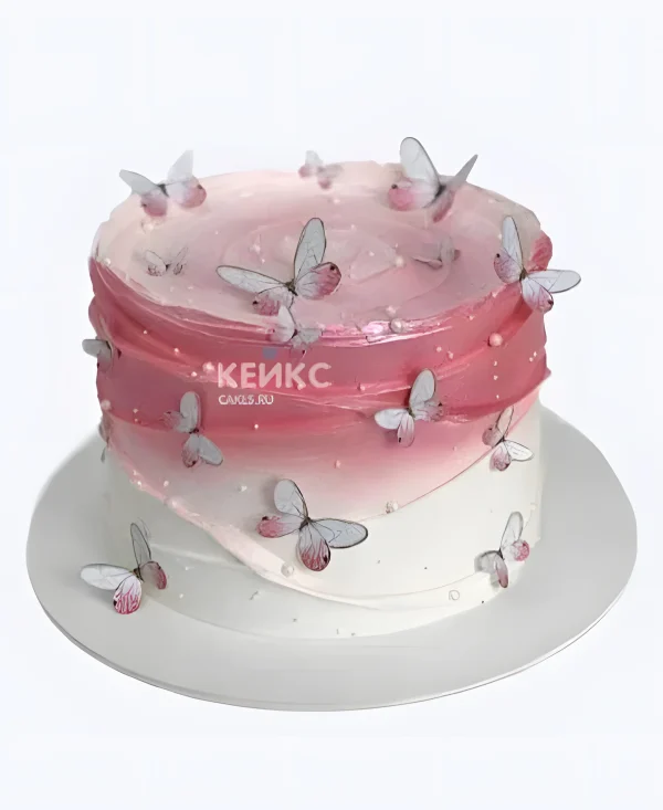 Красивый розовый торт для девочки с бабочками Фото