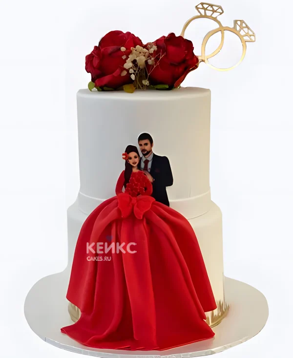 Красно-белый свадебный торт с объемным платьем Фото
