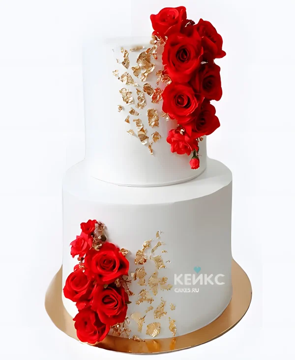 Белый свадебный торт с красными розами Фото