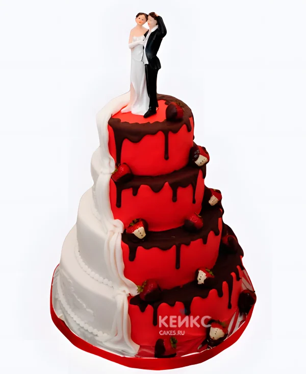 Красный свадебный торт с фигуркой жениха и невесты Фото