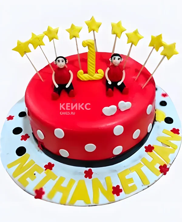 Красный торт с мальчиками на первый день рождения для двойняшек Фото