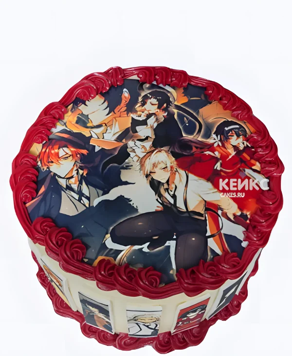 Красно-белый торт в дизайне аниме Великий из бродячих псов Фото