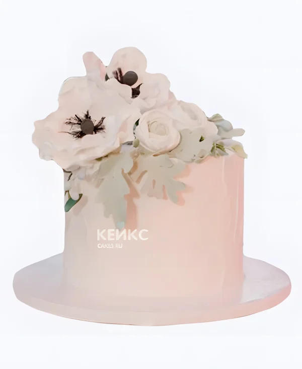 Одноярусный свадебный кремовый торт с цветами Фото