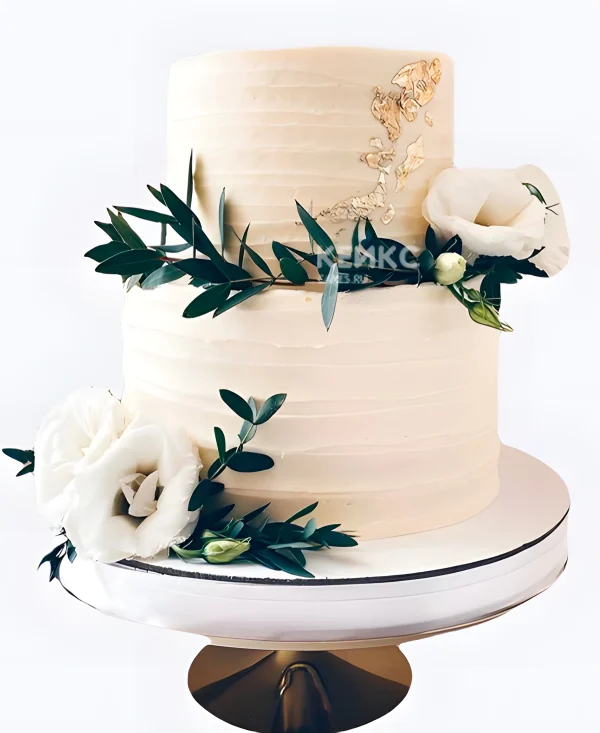 Кремовый свадебный торт цветы на ветке с золотом Фото