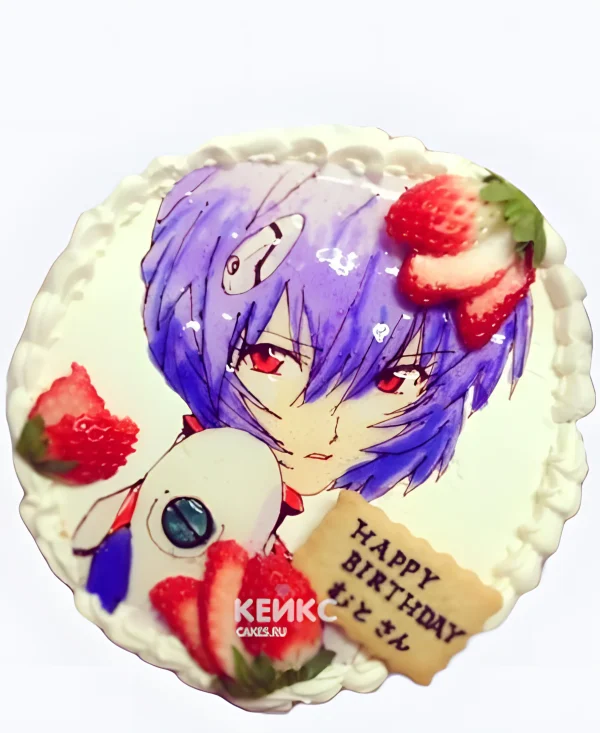 Кремовый торт на день рождения с фотопечатью аниме Евангелион Фото