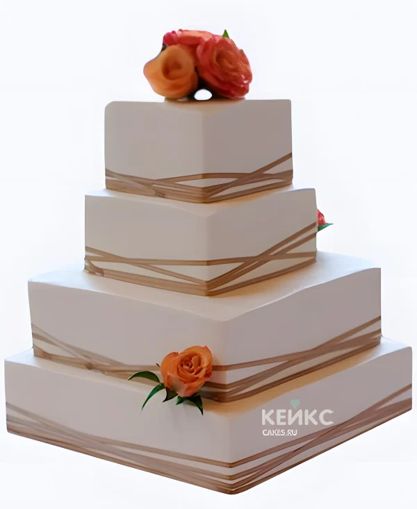 Квадратный свадебный торт с коричневой ленточкой и розами Фото