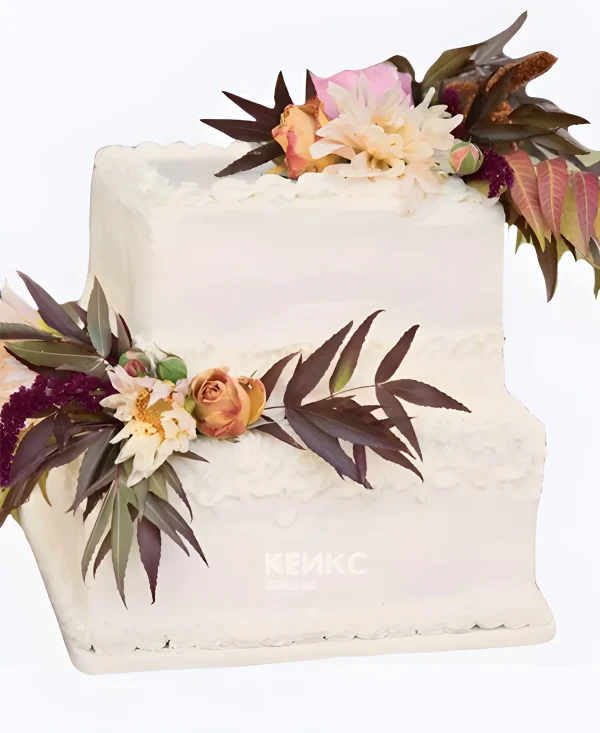 Квадратный свадебный торт Цветы с листочками Фото