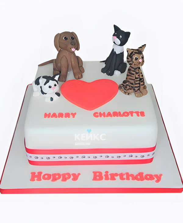 Квадратный торт девочке с котиками и сердечком Фото