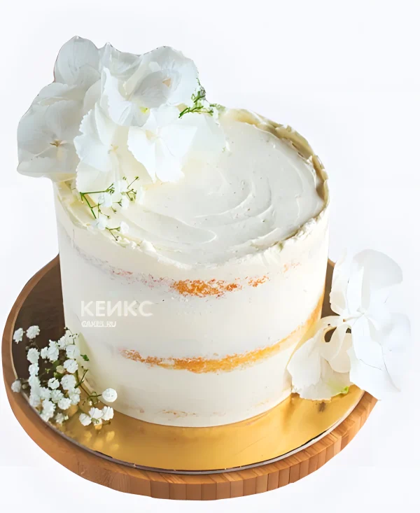 Маленький свадебный торт открытый с белыми цветами Фото