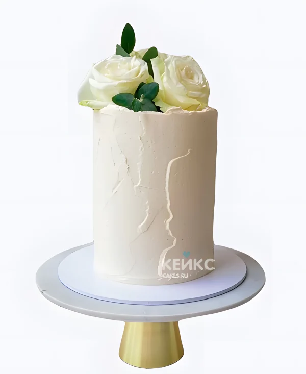 Стильный одноярусный свадебный торт с розами Фото