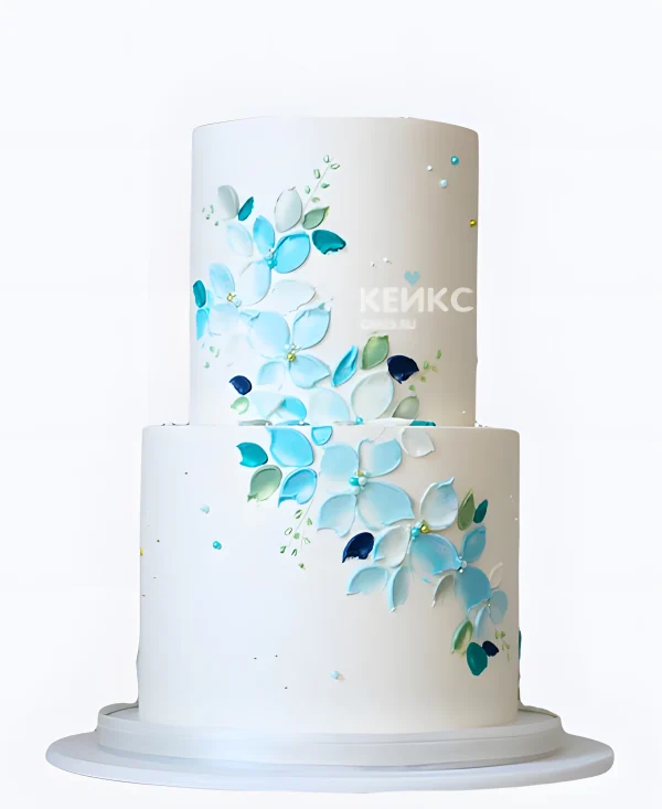 Простой свадебный торт 2 яруса с голубым орнаментом Фото