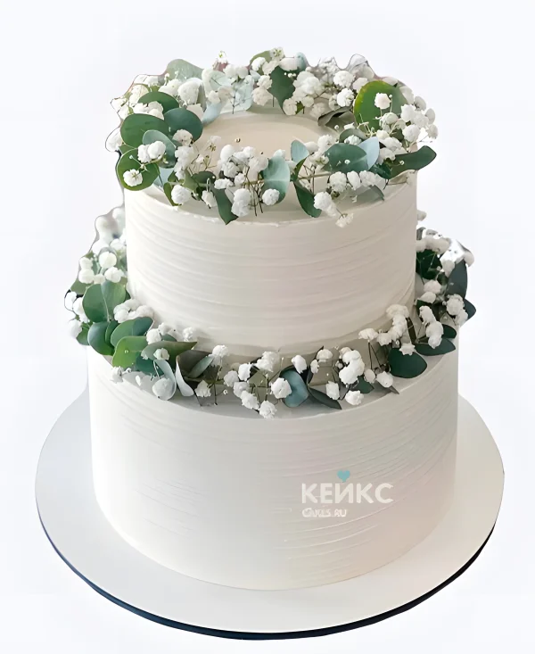 Минималистичный торт с венком из цветов на свадьбу Фото