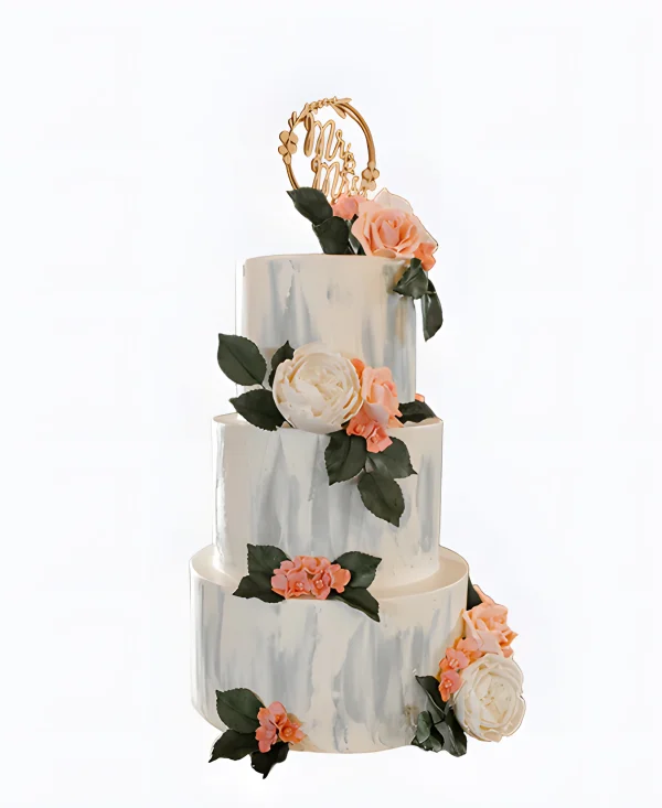 Мраморный трендовый торт с цветами на свадьбу Фото
