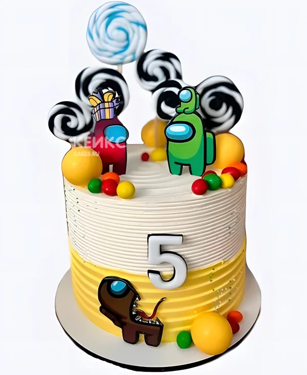 Необычный яркий торт на пять лет по игре Among Us с леденцами Фото