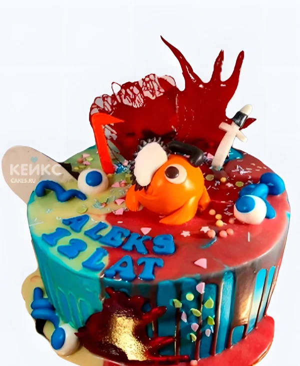 Необычный торт на день рождения аниме Человек-бензопила Фото