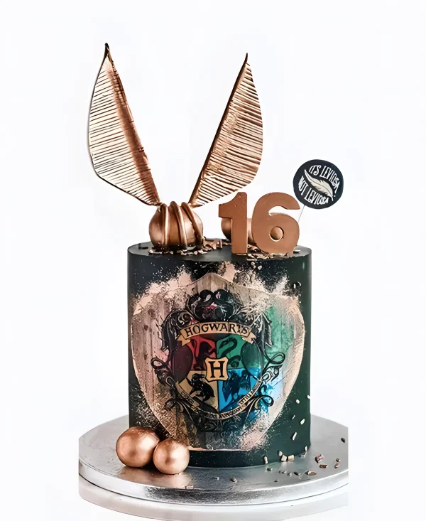 Необычный тортик на 16 лет по Гарри Поттеру с гербом факультетов Фото