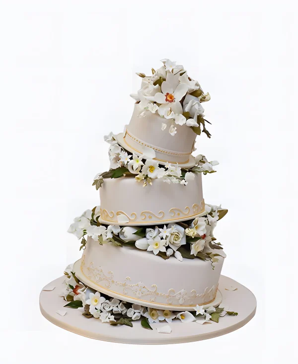 Необычный трендовый торт с мастичными цветами на свадьбу Фото
