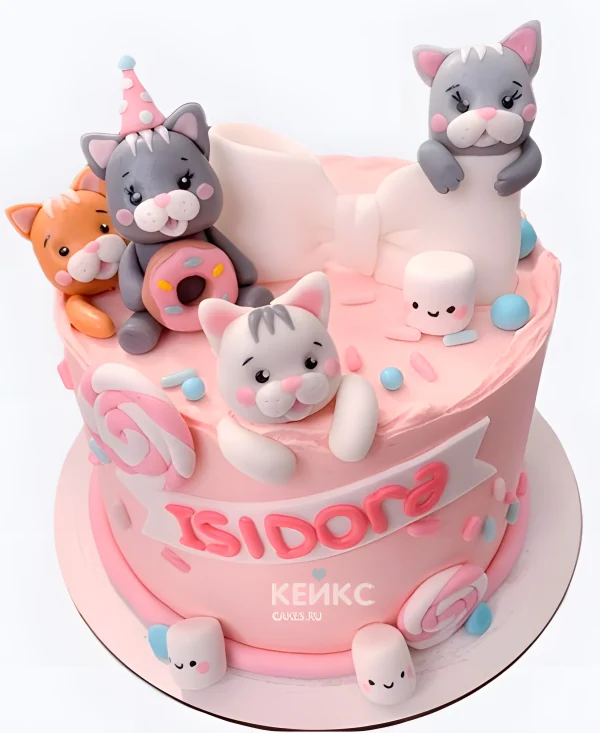 Нежный розовый торт девочке с котиками Фото