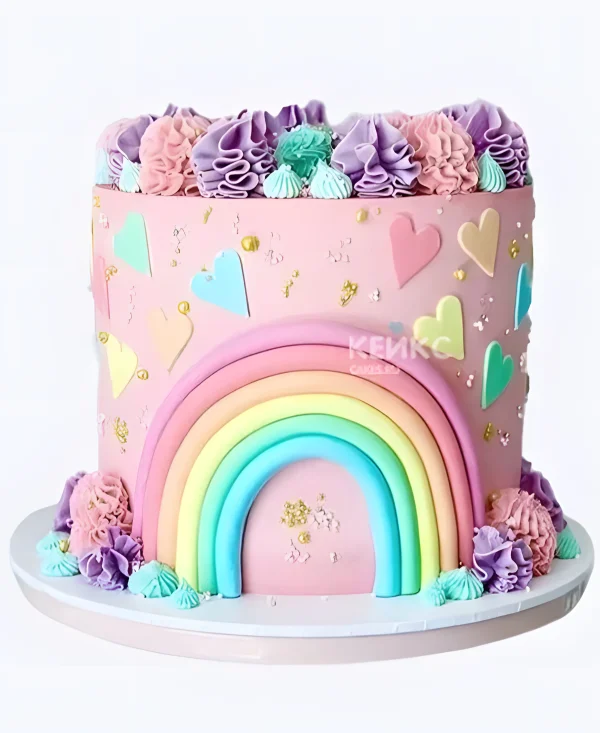 Нежный розовый торт с радугой и сердечками Фото