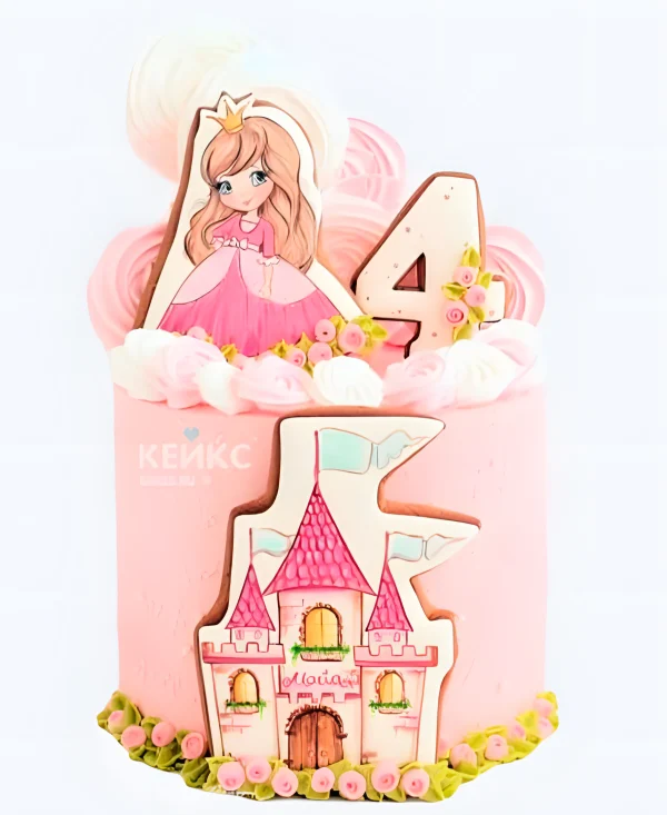 Торт для девочки с принцессой и замком на 2 месяца Фото