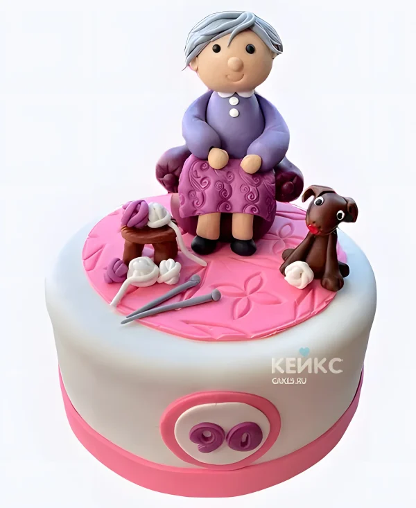 Очаровательный торт бабушке на юбилей с клубками и собачкой Фото