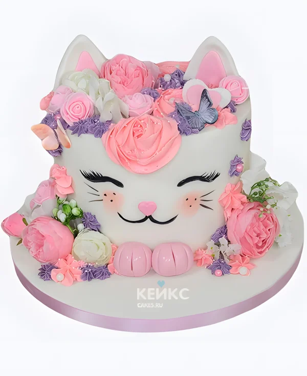 Очаровательный торт в виде кошечки с цветами для девочки Фото