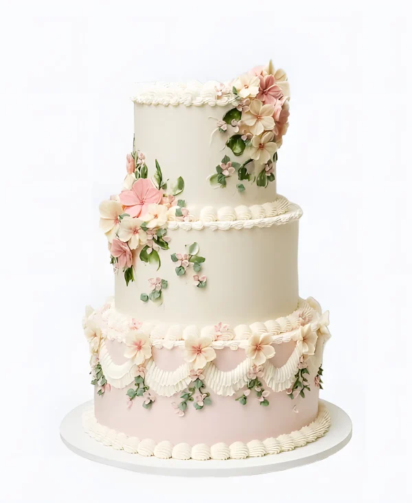 Очаровательный трендовый торт на свадьбу с цветочками Фото