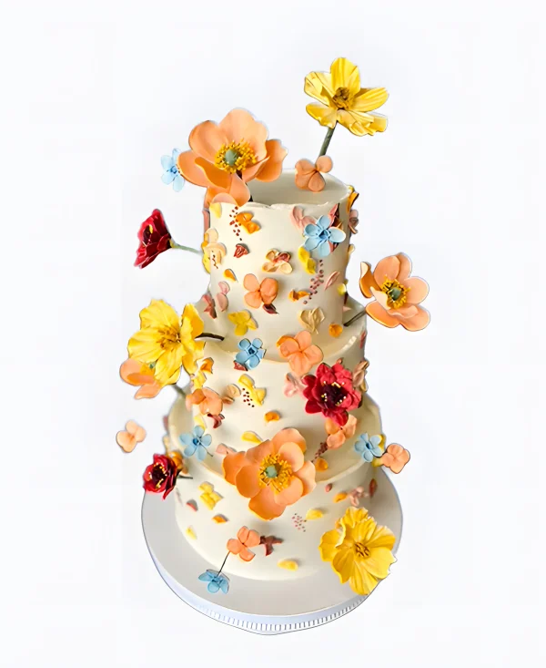 Очаровательный трендовый торт с яркими цветами на свадьбу Фото
