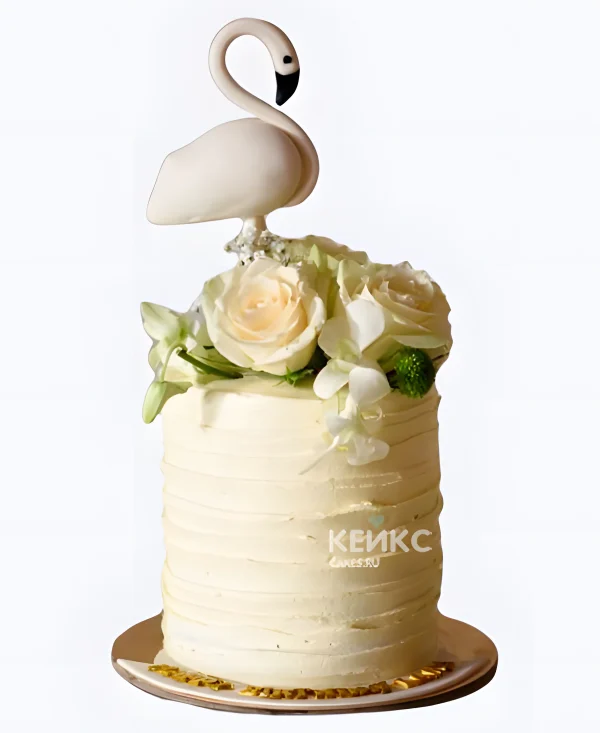 Одноярусный свадебный торт рифленый с фламинго и розами на белом Фото