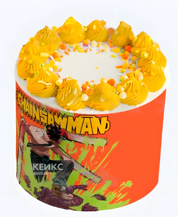 Оранжевый торт на день рождения аниме Человек-бензопила Фото