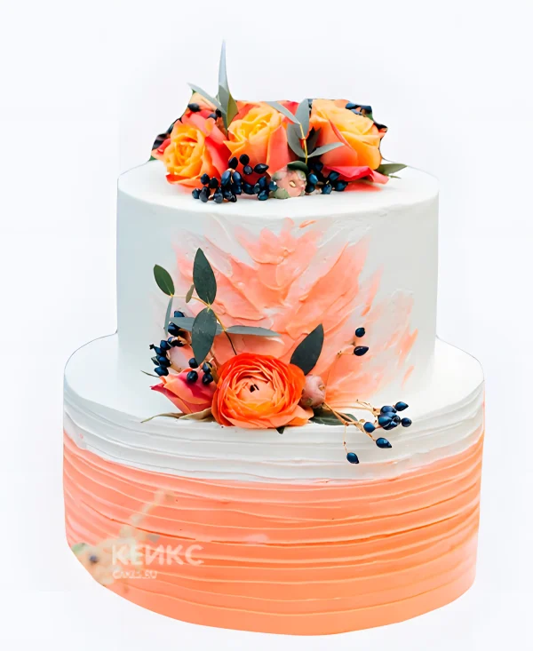 Осенний свадебный торт Оранжевые розы Фото