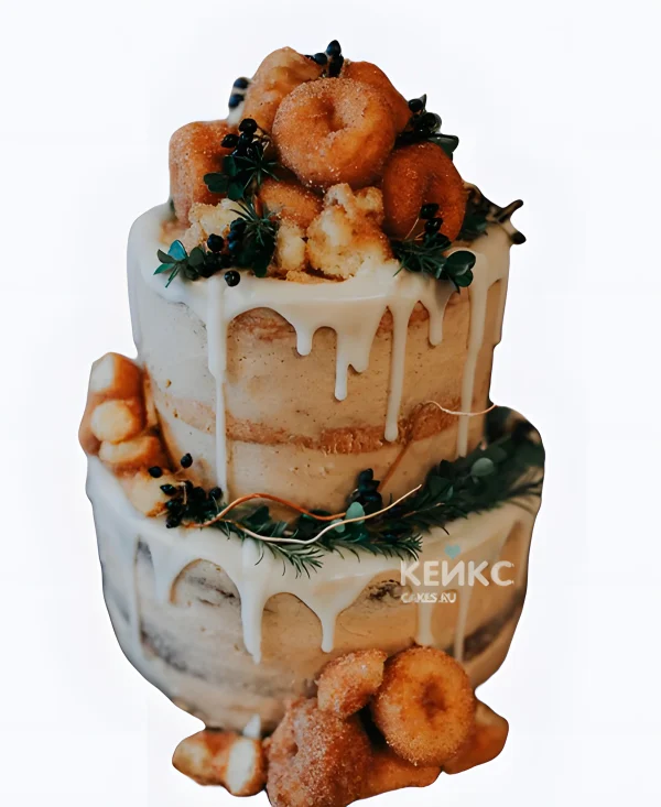 Осенний свадебный торт с пончиками и веточками Фото