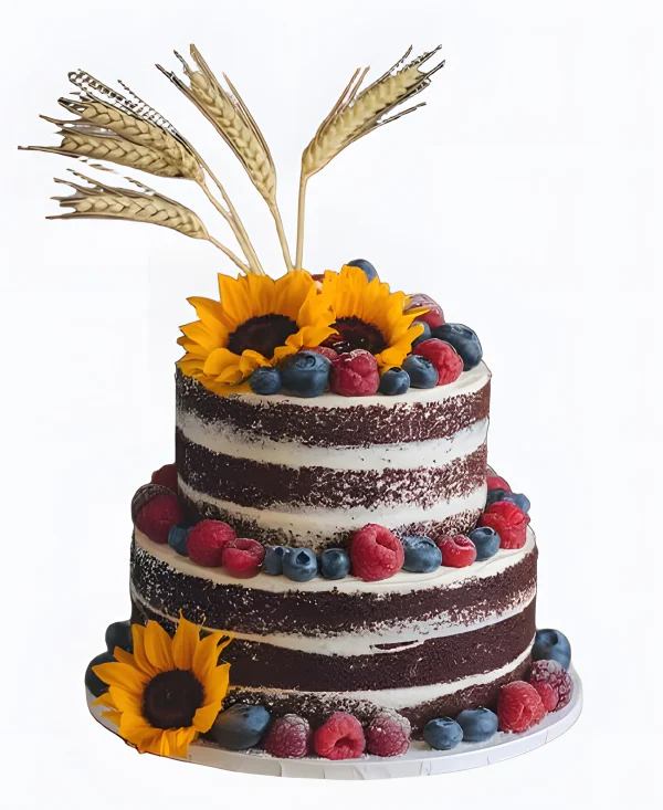 Открытый торт с ягодами и подсолнухами Фото