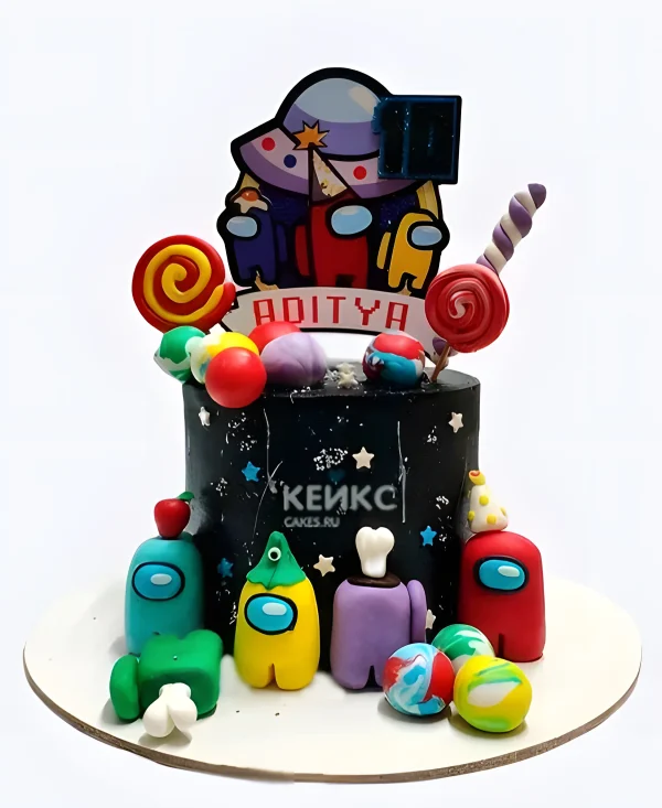 Праздничный торт на тему Among Us со сладостями Фото