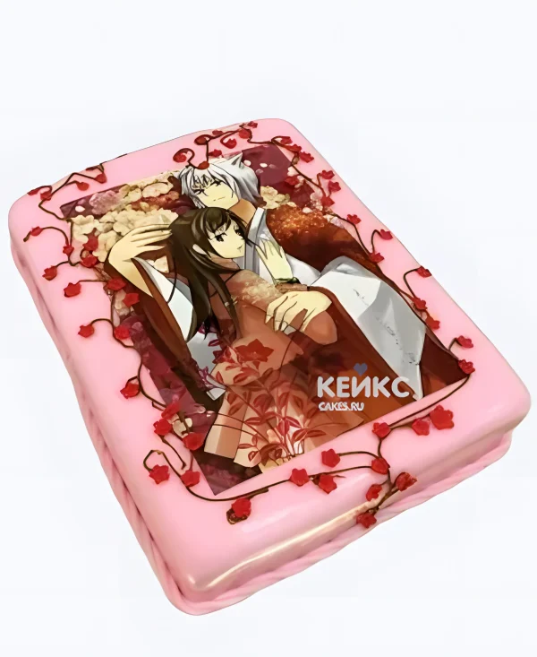 Прямоугольный розовый торт на день рождения  аниме Очень приятно Бог Фото