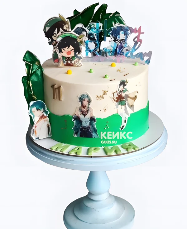 Прикольный торт с фотопечатью на день рождения Геншин Фото