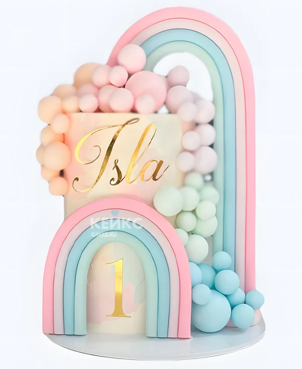 Розово-голубой детский торт из мастики Фото