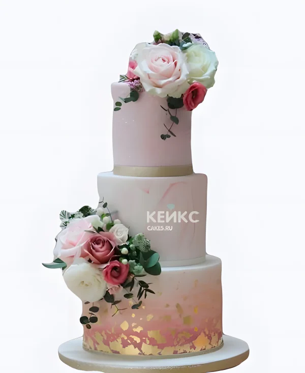 Розовый свадебный торт Два букета роз Фото