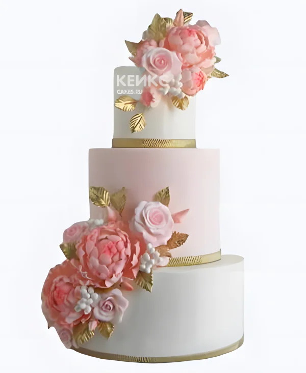 Розовый свадебный торт розы с золотыми листочками и лентами Фото