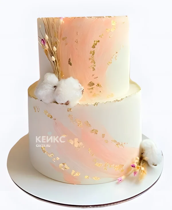 Розовый свадебный торт с хлопком и веточками Фото