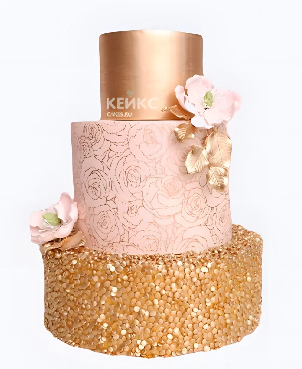 Розовый свадебный торт с узорами цветами и золотыми пайетками Фото