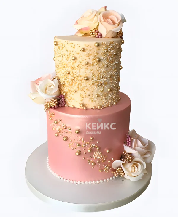 Розовый свадебный торт с золотым жемчугом и розами Фото