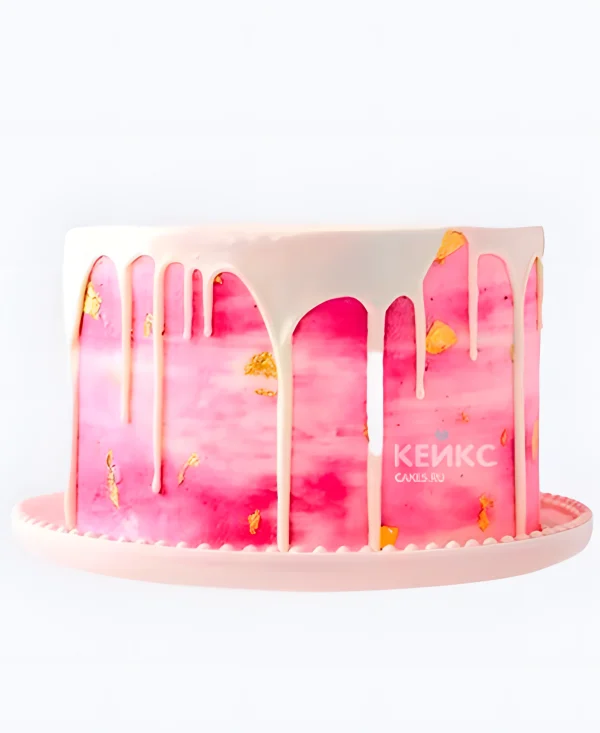 Розовый торт девочке с белыми потеками Фото