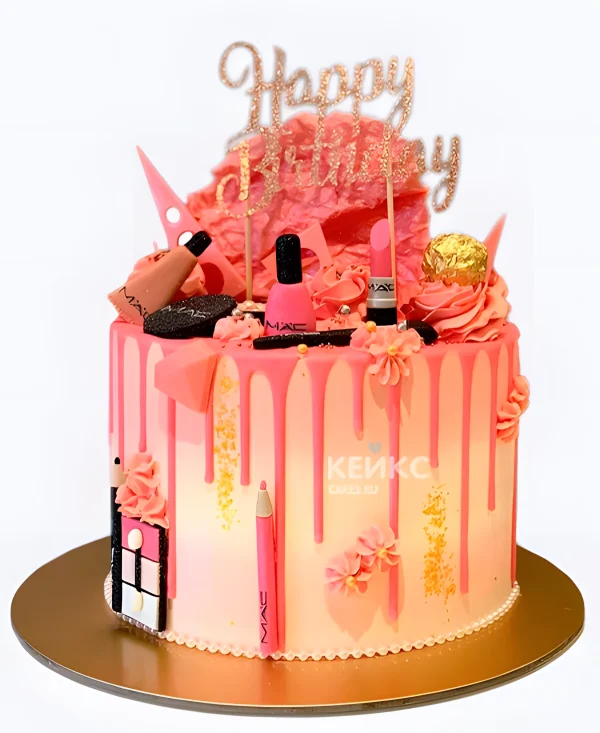 Розовый торт девочке с косметикой Фото